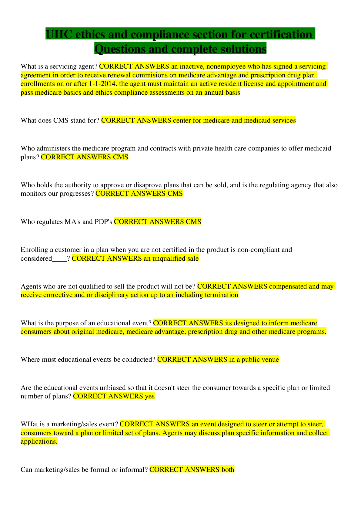 Preview image for UHC ethics and compliance section for certification Questions and complete solutions
